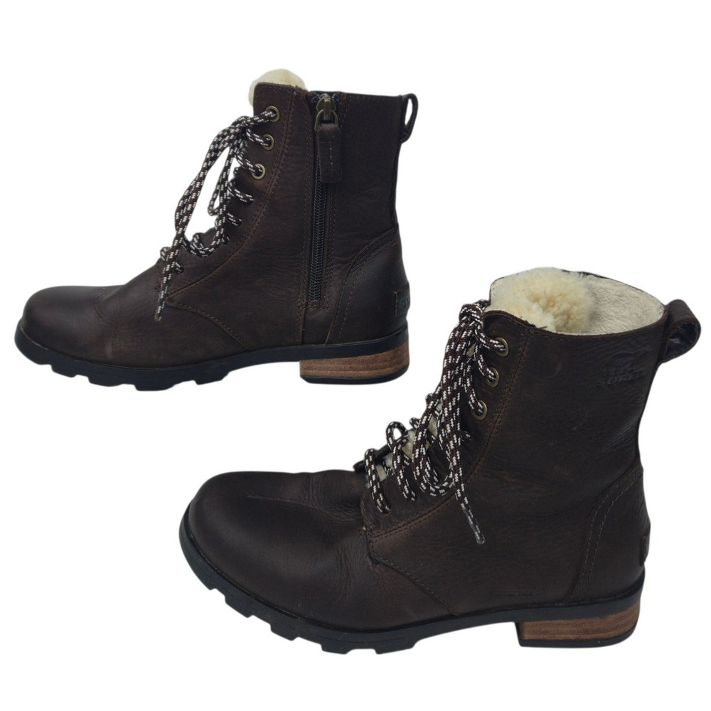 Sorel Lennox Lace Shearling Women Size 5.5 Brown Leather Waterproof Boots